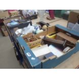 3 boxes containing treen, Cornish ware, blue and white china, candlesticks, stainless steel, sea