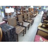 Collection of 4 oak framed armchairs with portcullis decoration to the back