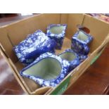 Box containing a quantity of blue and white china jugs