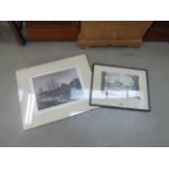 2 framed and glazed etchings of King's College Cambridge and a ship