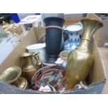 Box of Middle Eastern brass vases, jugs, silver plated serving trays, oriental crockery and
