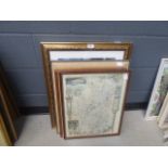 Quantity of maps, oleograph with figures in a domestic setting plus a horse racing print