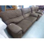 Chocolate brown fabric 3 seater sofa plus a pair of matching armchairs