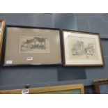 2 engravings- church and city street- plus a watercolour- walk in woodland