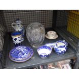 Cage containing blue and white china plus glass ware and a floral decorated cup and saucer