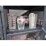 5636 Cage containing glass vases plus a plant pot and a white and gilt glazed vase