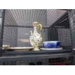 Cage containing jasperware, blue and white china, commemorative ware and plates