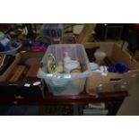 3 boxes containing Cornish ware jugs, ceiling light shades, cribbage board, quantity of wooden