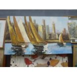 Modern oil on canvas- yachts in harbour