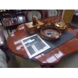 Gaudy tea set, plated mirror, other plated ware, turned wooden bowl, box and a spaniel holding a