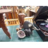 Carved wooden elephant plus 4 other ornamental elephant figures and a geode