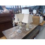 2 pairs of glass table lamps, pair of onyx lamps plus a tripod lamp