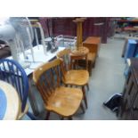 WD - 5073 Pair of oak plant stand, pair of pine stick back chairs plus a demilune side table and a