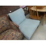 (?) Blue fabric easy chair with wrought iron supports