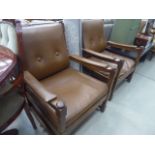 2 oak framed armchairs with leather covers