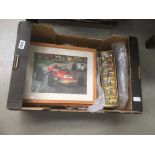 Box with motor racing prints, shot glasses etc