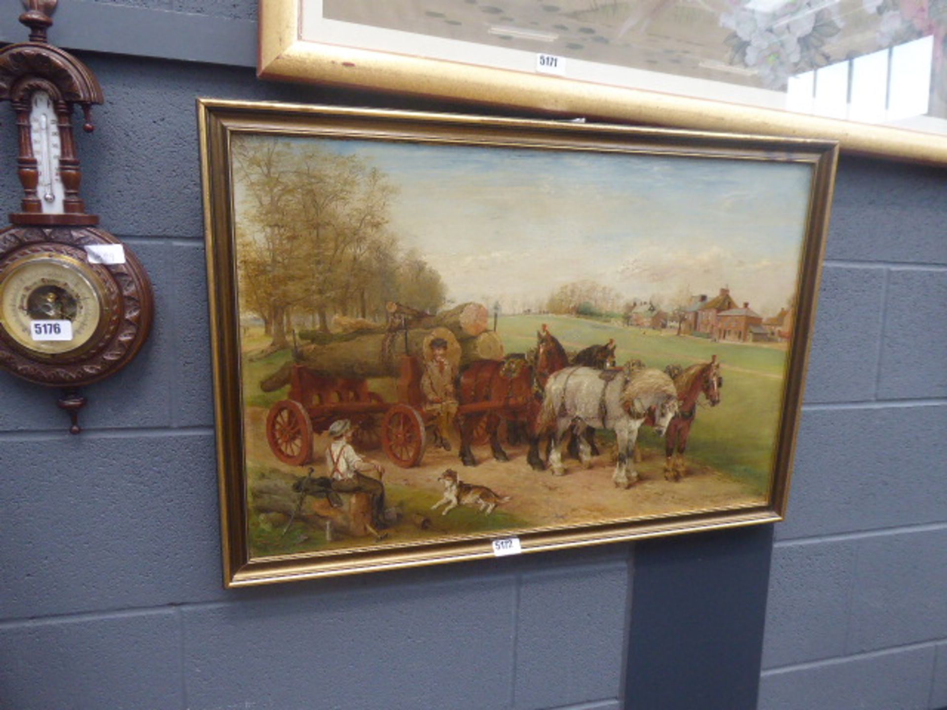 Oil on canvas- village green with horse and cart, figures and dog in foreground