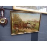 Oil on canvas- village green with horse and cart, figures and dog in foreground