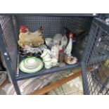 Cage containing green and cream glazed coffee cups and saucers, ornamental chickens, general china