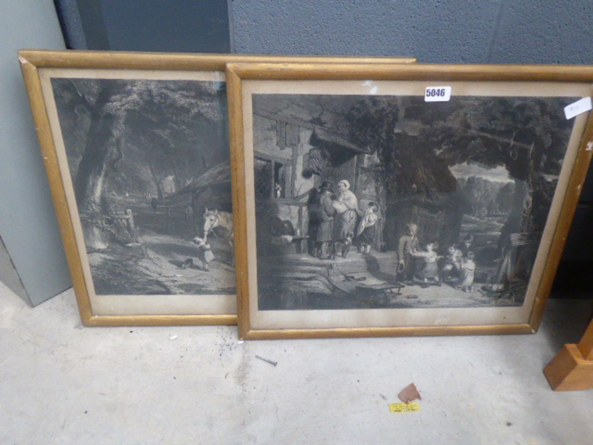 2 framed and glazed black and white prints of cottage and country scenes