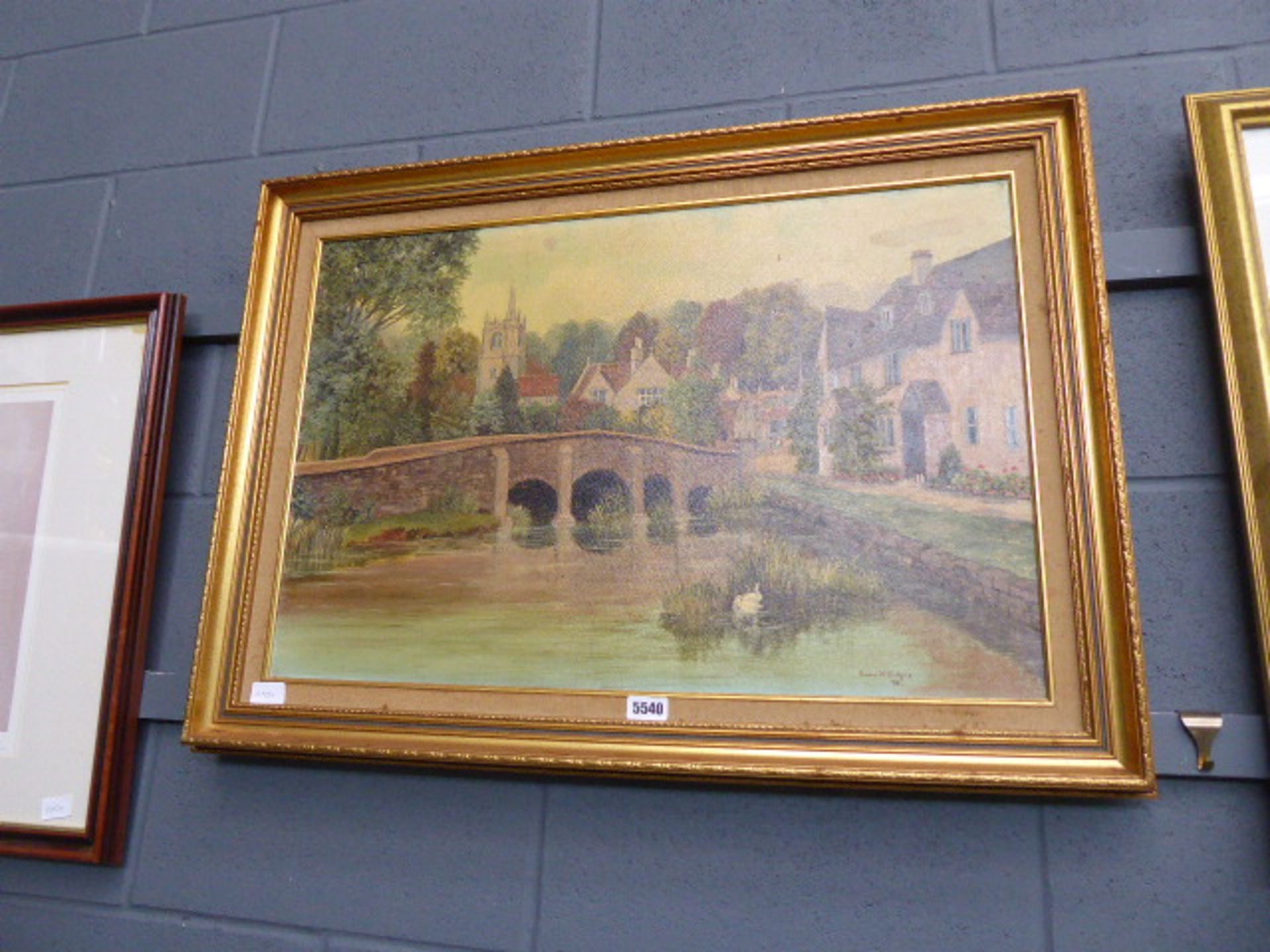 Oil on canvas- bridge and stream with cottages and church