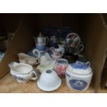 Qty of blue and white china, Doulton plates plus gravy boats, milk jugs and a table mirror