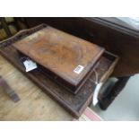(22 and 23) Carved oak serving tray plus a tabletop 2 drawer cabinet