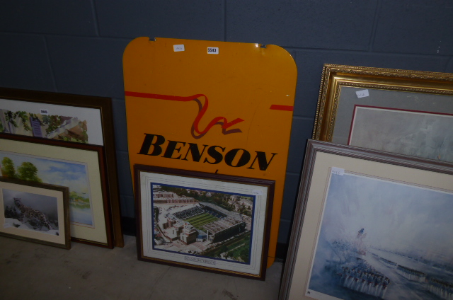 Benson and Hedges metal sign plus an aerial photograph of Stanford bridge, Chelsea football ground