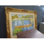 Framed and glazed oil/acrylic on canvas of 2 females in boat on a lake in the style of Renoir