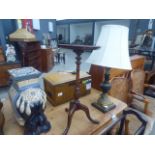 Reproduction mahogany wine table together with a resin/plaster gilt decorated table lamp