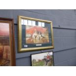 Framed and glazed print of puppies under an umbrella