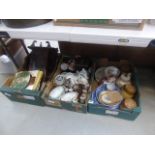 3 boxes containing a collectors hanging cupboard, decorative plates, silver plate, kitchen storage