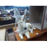 Carved and painted wooden figure of a horse plus a resin figure of a unicorn