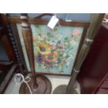 31 - Oak barley twist fire screen with painted floral insert