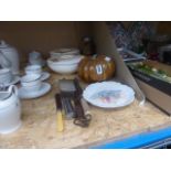 Pair of floral patterned tureens, a pumpkin shaped ornament, ornamental turkey, clever and cutlery