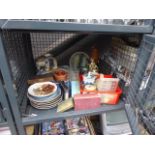 Cage containing blue and white china to include a cake plate and ornamental elephant plus Royal