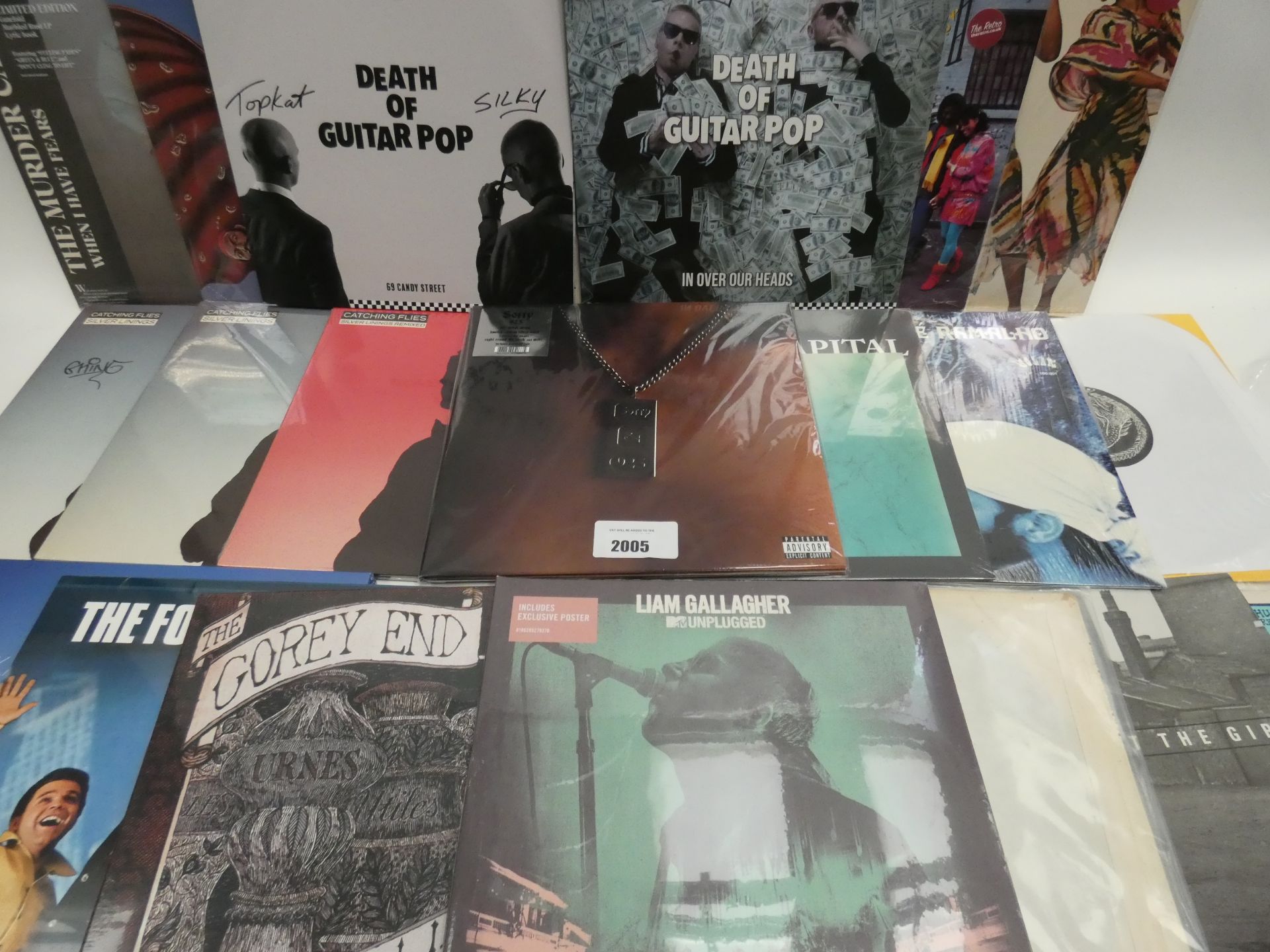 Box containing quantity of LP and 45 records to include Liam Gallagher, Death of Guitar Pop,