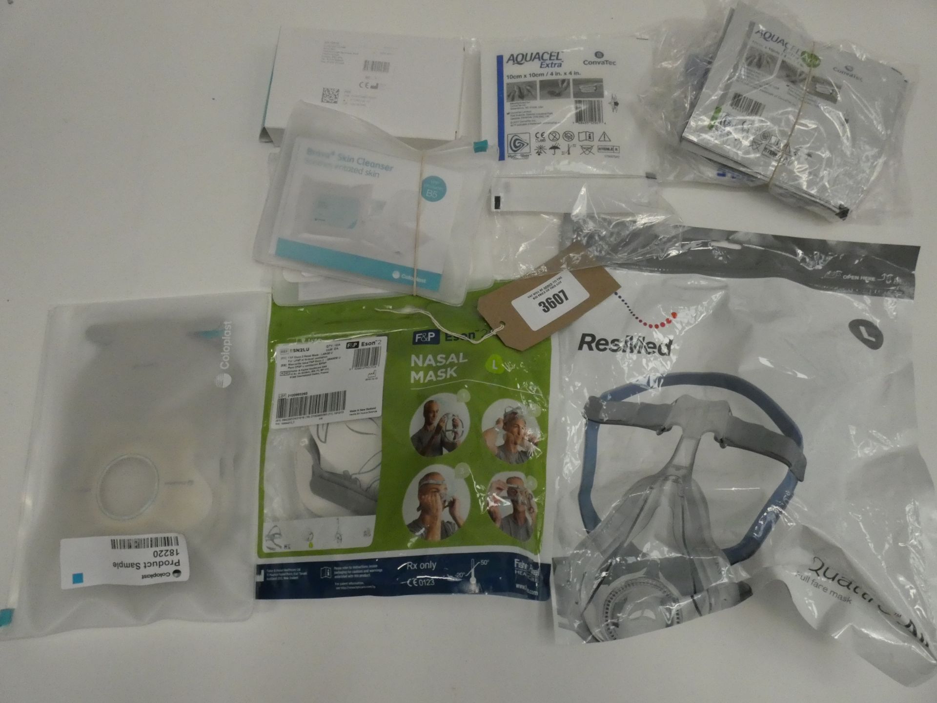 Bag containing CPAP masks, Aquacel dressing patches, colostomy bags etc