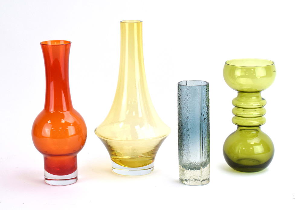 A group of four Riihimaki glass vases including a moulded 'Bark' style vase CONDITION