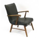 A 1960's armchair with a stained beech frame and black leatherette upholstery *Sold subject to our