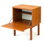 A 1970's teak fall-front cabinet on square supports, w.