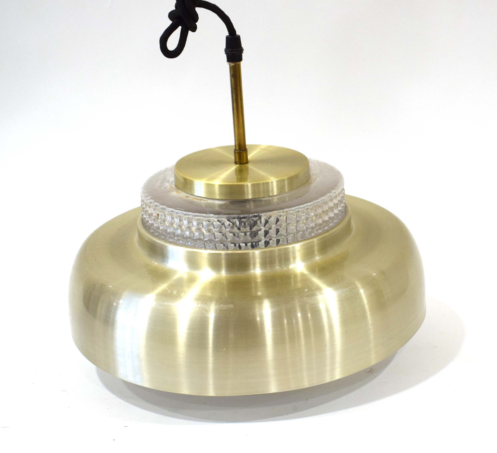 A 1970's brass coloured ceiling light with a moulded glass inner shade CONDITION REPORT: