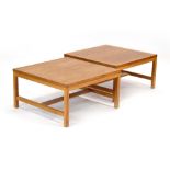 A pair of 1960/70's teak and crossbanded square occasional tables in the manner of France & Sons, w.