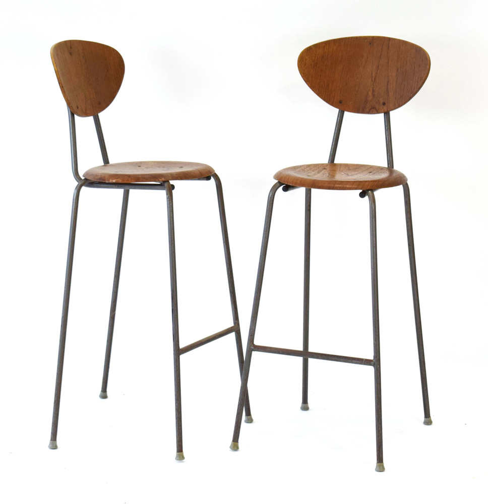 A pair of 1950/60's teak 'Dot'-style stools with matching back rests on tubular legs - Image 2 of 7