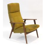 A 1960's Danish teak framed armchair with pale green upholstery and arrow-shaped armrests