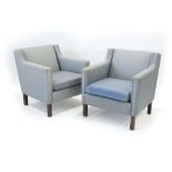 A pair of 1960/70's Danish-designed blue fabric armchairs on square straight legs