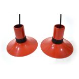 A pair of red enamelled pendant ceiling lights CONDITION REPORT: Working order