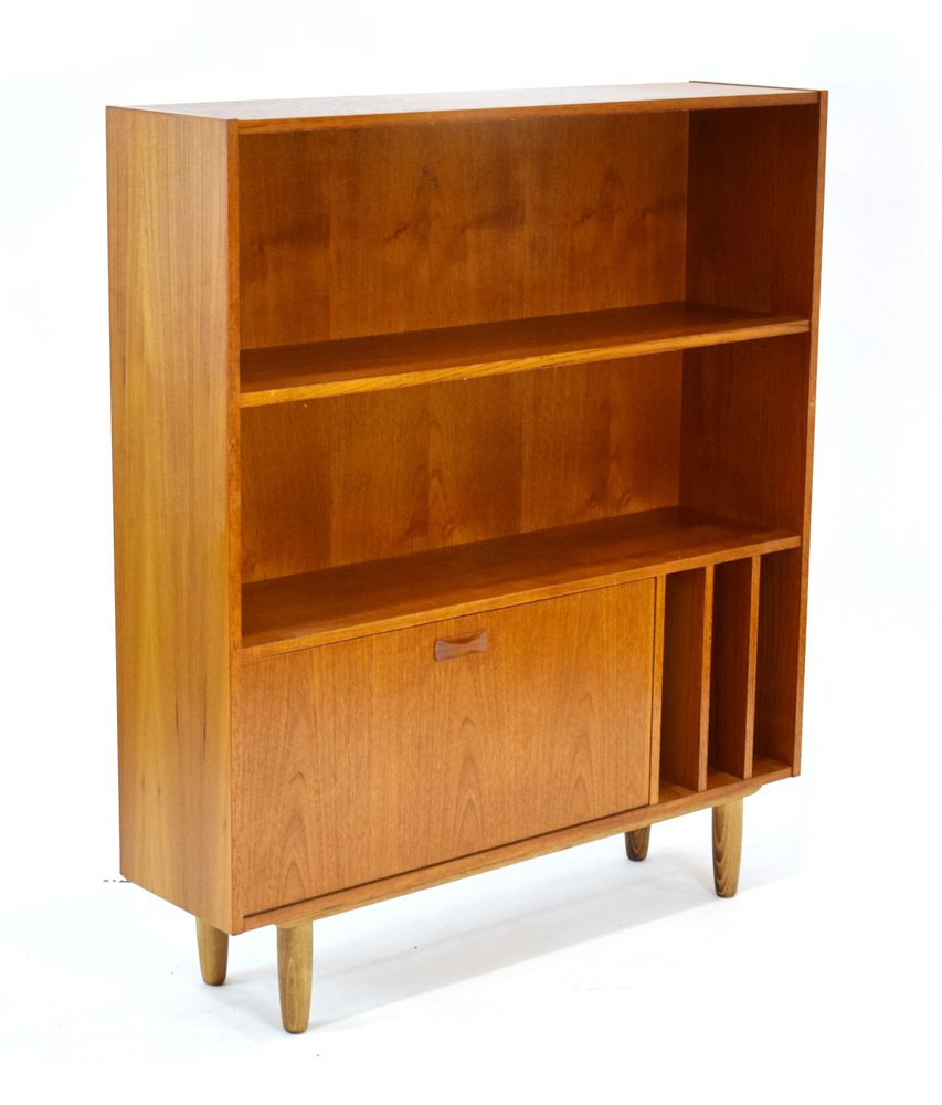 A 1960's Danish designed teak bookcase, the fixed shelf over a fall-front a LP storage, - Image 2 of 3