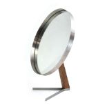 A 1960's teak and aluminium table mirror with a circular face, probably Durston Design Ltd.