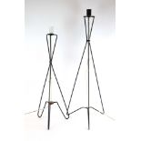 Two 1950/60's black wirework floor lamps of tripod design, h.